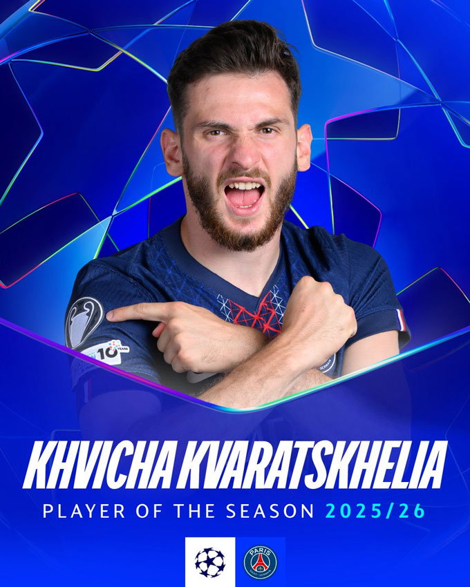 Kvaratskhelia xuất sắc nhất Champions League, Arsenal và PSG áp đảo đội hình tiêu biểu